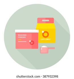 vector cartoon washing powder, laundry powder / paper box package design / flat style, icon template, long shadow, circle, isolated on white 