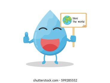 Vector cartoon water drop hold wood sign save world.Meaning save water is save earth.
