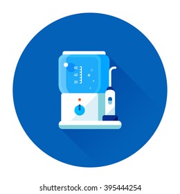 vector cartoon water flosser / teeth brushing machine / electric toothbrush / extensible brushes / isolated, circle, sign and icon template / blue on white