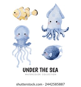 Vector cartoon watercolor set of sea animals with Jellyfish, Squid, and Sea fishes for Baby Boy Nursery Decor