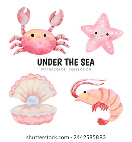 Conjunto de acuarela de dibujos animados vectoriales de animales marinos con cangrejo, camarones marinos, estrellas de mar y madre de perla para decoración de guardería de bebé niña