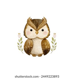 Vector cartoon watercolor of woodland animal with Owl sitting on leave and flower wreath for Baby Nursery Decor