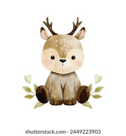 Vector cartoon watercolor of woodland animal with Deer sitting in leave and heart wreath for Baby Nursery Decor