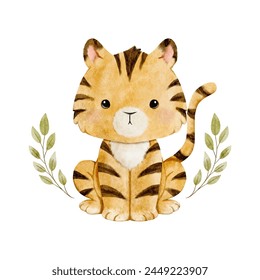 Vector cartoon watercolor of woodland animal with Tiger sitting in leave wreath for Baby Nursery Decor