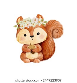 Vector cartoon watercolor of woodland animal with Squirrel wearing flower crown for Baby Nursery Decor