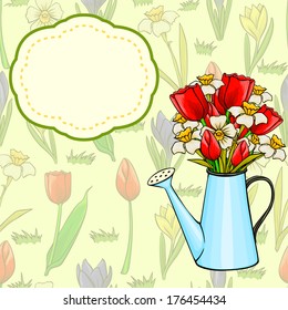 Vector cartoon watering can with bunch of spring flowers