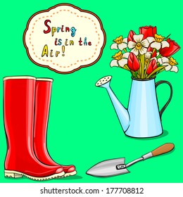 Vector cartoon watering can with bunch of spring flowers and wellies