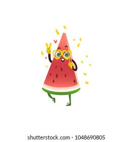 Vector cartoon watermelon fruit character at summer party. Funny happy watermelon slice in fancy heart glasses shows victory sign. Summer vacation, party poster design element. Isolated illustration