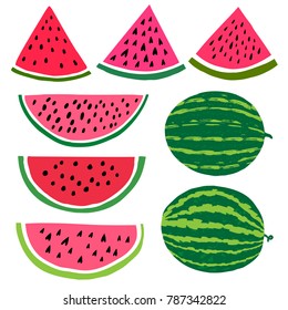 Vector Cartoon Watermelon Fruit Illustration. Slice And Whole