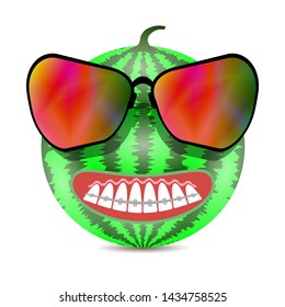 Vector Cartoon Watermelon Icon with Sunglasses and Braces Teeth Isolated on White Background. Medical Braces Teeth. Dental Care Background. Orthodontic Treatment. Cartoon Opening Mouth.