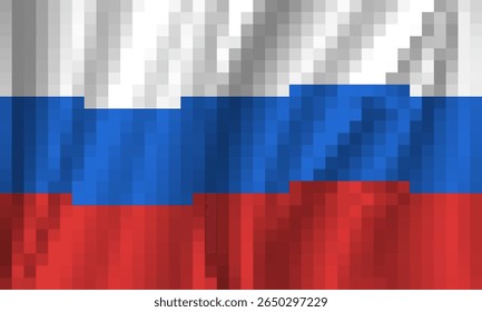 Vector cartoon wavy pixel flag of Russian Federation. Pixel art. Toon mosaic symbol of Russia. Banner made from pixels texture. Vintage game sign