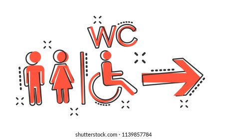 Vector cartoon WC, toilet icon in comic style. Men and women restroom sign illustration pictogram. WC business splash effect concept.