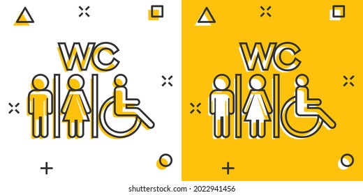 Vector cartoon WC, toilet icon in comic style. Men and women restroom sign illustration pictogram. WC business splash effect concept.