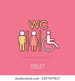 Vector cartoon WC, toilet icon in comic style. Men and women restroom sign illustration pictogram. WC business splash effect concept.