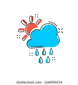 Vector cartoon weather forecast icon in comic style. Sun with clouds concept illustration pictogram. Cloud with rain business splash effect concept.