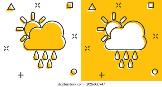 Vector cartoon weather forecast icon in comic style. Sun with clouds concept illustration pictogram. Cloud with rain business splash effect concept.