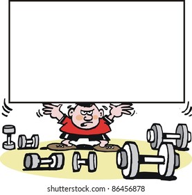 Vector cartoon of weightlifter straining to lift heavy weight.