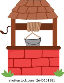 Vector cartoon well with bucket. Fairytale or ancient world red brick water pit icon with tile roof. Medieval shaft illustration isolated on white background
