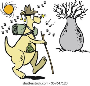 Vector Cartoon Of Well Equipped Kangaroo Hiking In Australian Outback With Blowflies. 