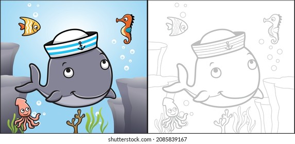 Vector cartoon of whale wearing sailor cap with fish, seahorse and squid. Coloring book or page