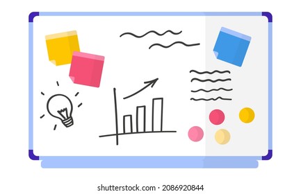 Vector cartoon white blank magnetic board with notes and ideas. Back to school.