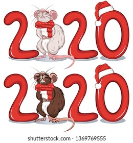 Vector of cartoon white and brown rats in warm scarfs among of the text 2020