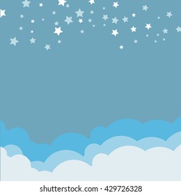 vector cartoon white clouds with hanging stars night sky illustration.