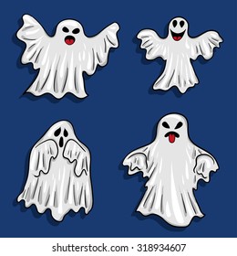 Vector cartoon white funny ghosts set. Illustration with collection for Halloween.