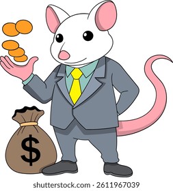 Vector cartoon of a white mouse in a business suit juggling coins and standing next to a money bag.
