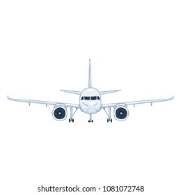 Vector Cartoon White Passenger Airplane with Chassis. Commercial Aviation Aircraft. Front View.