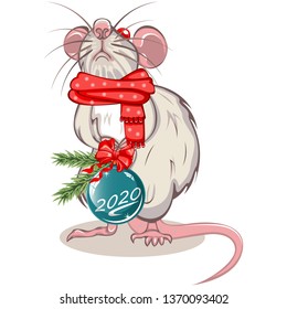 Vector of cartoon white rat in warm scarf with Christmas ball in paws