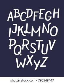 Vector cartoon white ribbon white font on dark background, latin bold typeset. Funny font.