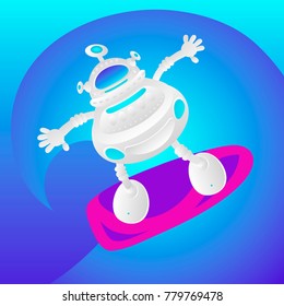 Vector cartoon white robot riding a wave, surfing