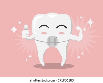 Vector cartoon whitening tooth brace thumb up and  muscle strain for show solidity with background pink gum with shining white effect,tooth care concept.