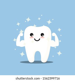 Vector cartoon whitening tooth muscle strain for show solidity tooth with shining effect and the happy face.Dental personage vector illustration. Oral hygiene, teeth cleaning. 
