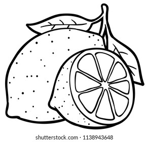 Vector Cartoon Whole And Half Sliced Lemon With Leaves Line Art
