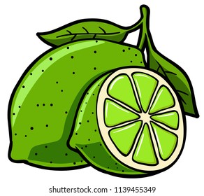 Vector Cartoon Whole And Half Sliced Green Lemon With Leaves
