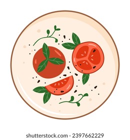 Caricatura vectorial completa y rodajas de tomate