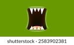 Vector Cartoon wide open monster mouth with fangs isolated on green background. Funny and cute violet Halloween Monster open mouth with big white teeth and pink tongue