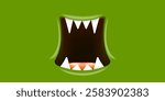 Vector Cartoon wide open monster mouth with fangs isolated on green background. Funny and cute violet Halloween Monster open mouth with big white teeth and pink tongue