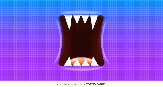 Vector Cartoon wide open monster mouth with fangs isolated on violet background. Funny and cute violet Halloween Monster open mouth with big white teeth and pink tongue