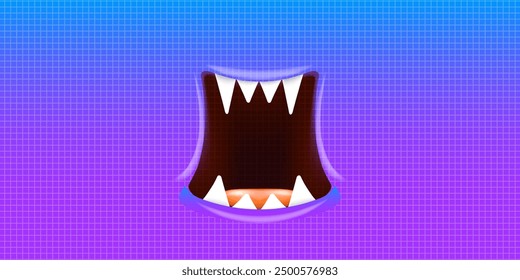 Vector Cartoon wide open monster mouth with fangs isolated on violet background. Funny and cute violet Halloween Monster open mouth with big white teeth and pink tongue