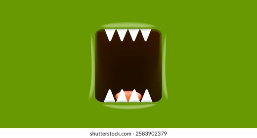 Vector Cartoon wide open monster mouth with fangs isolated on green background. Funny and cute violet Halloween Monster open mouth with big white teeth and pink tongue