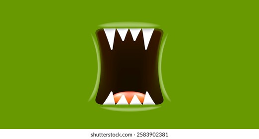 Vector Cartoon wide open monster mouth with fangs isolated on green background. Funny and cute violet Halloween Monster open mouth with big white teeth and pink tongue