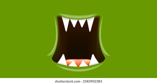 Vector Cartoon wide open monster mouth with fangs isolated on green background. Funny and cute violet Halloween Monster open mouth with big white teeth and pink tongue