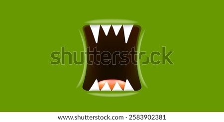 Vector Cartoon wide open monster mouth with fangs isolated on green background. Funny and cute violet Halloween Monster open mouth with big white teeth and pink tongue