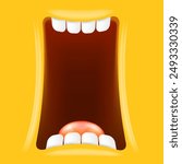 Vector Cartoon wide open mouth isolated on orange background. Funny and cute Halloween Monster open mouth with big white teeth and pink tongue