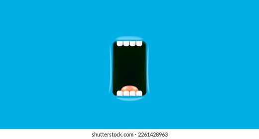 Vector Cartoon wide open mouth isolated on blue background. Funny and cute cyan Halloween Monster open mouth with big white teeth and pink tongue
