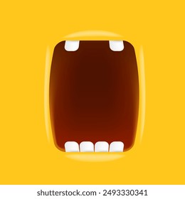 Vector Cartoon wide open mouth isolated on orange background. Funny and cute Halloween Monster open mouth with big white teeth and pink tongue