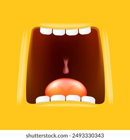 Vector Cartoon wide open mouth isolated on orange background. Funny and cute Halloween Monster open mouth with big white teeth and pink tongue